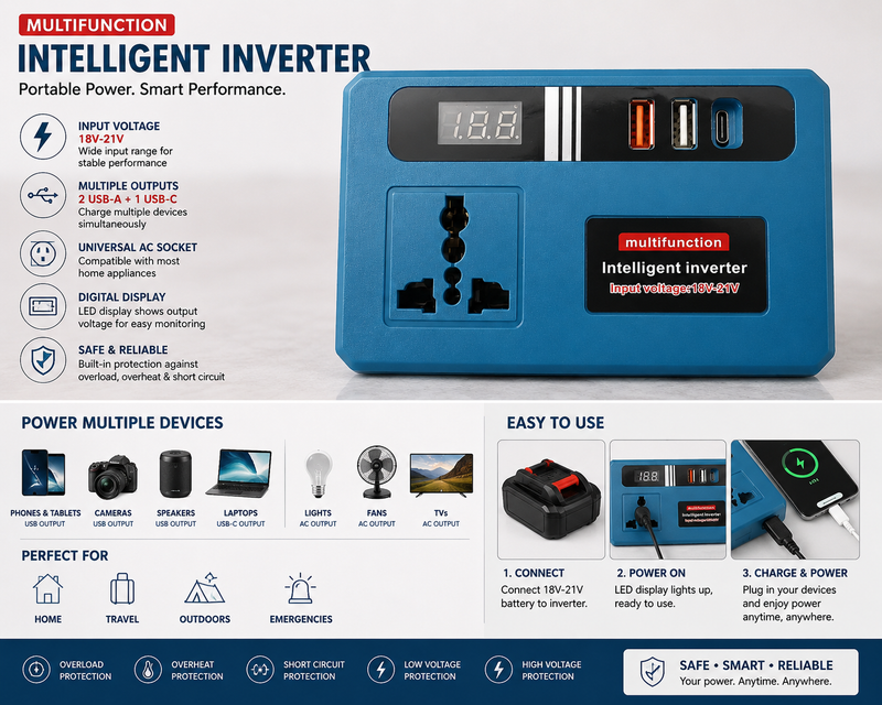 Multifunction Intelligent Power Inverter 18V–21V with Universal AC Socket, Dual USB & USB-C